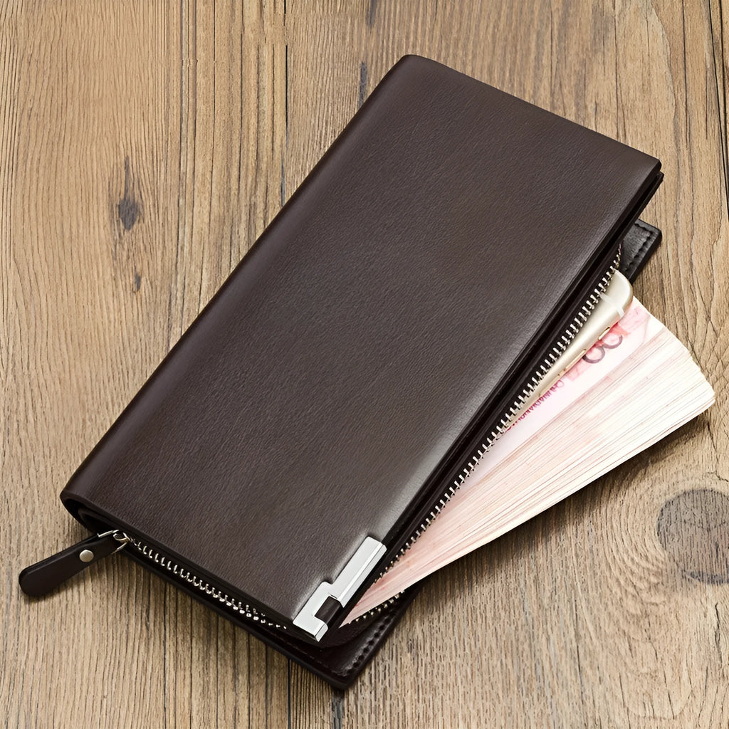 Men's black PU leather wallet with long zipper closure showing waterproof construction