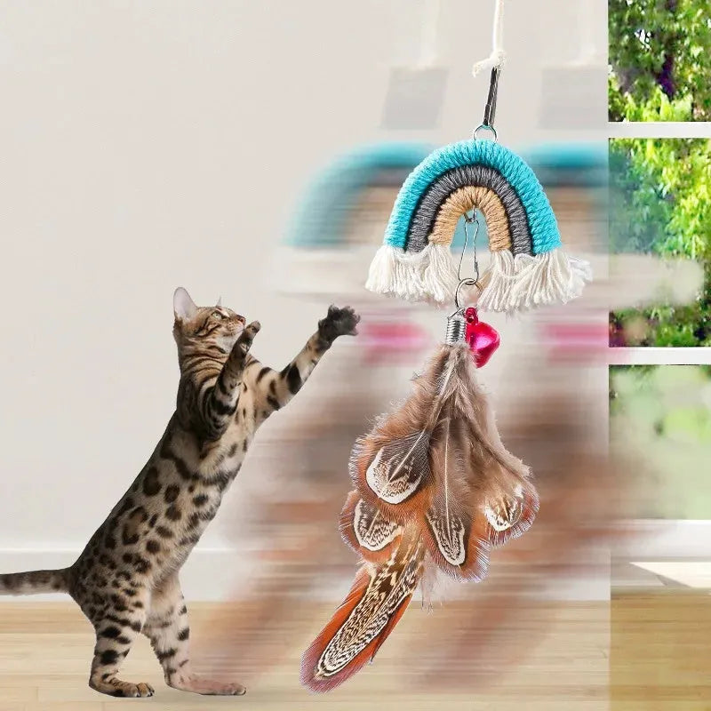 Feather cat rope door swing toy with elastic cord and sticky buckle clamp in blue, green and pink colours