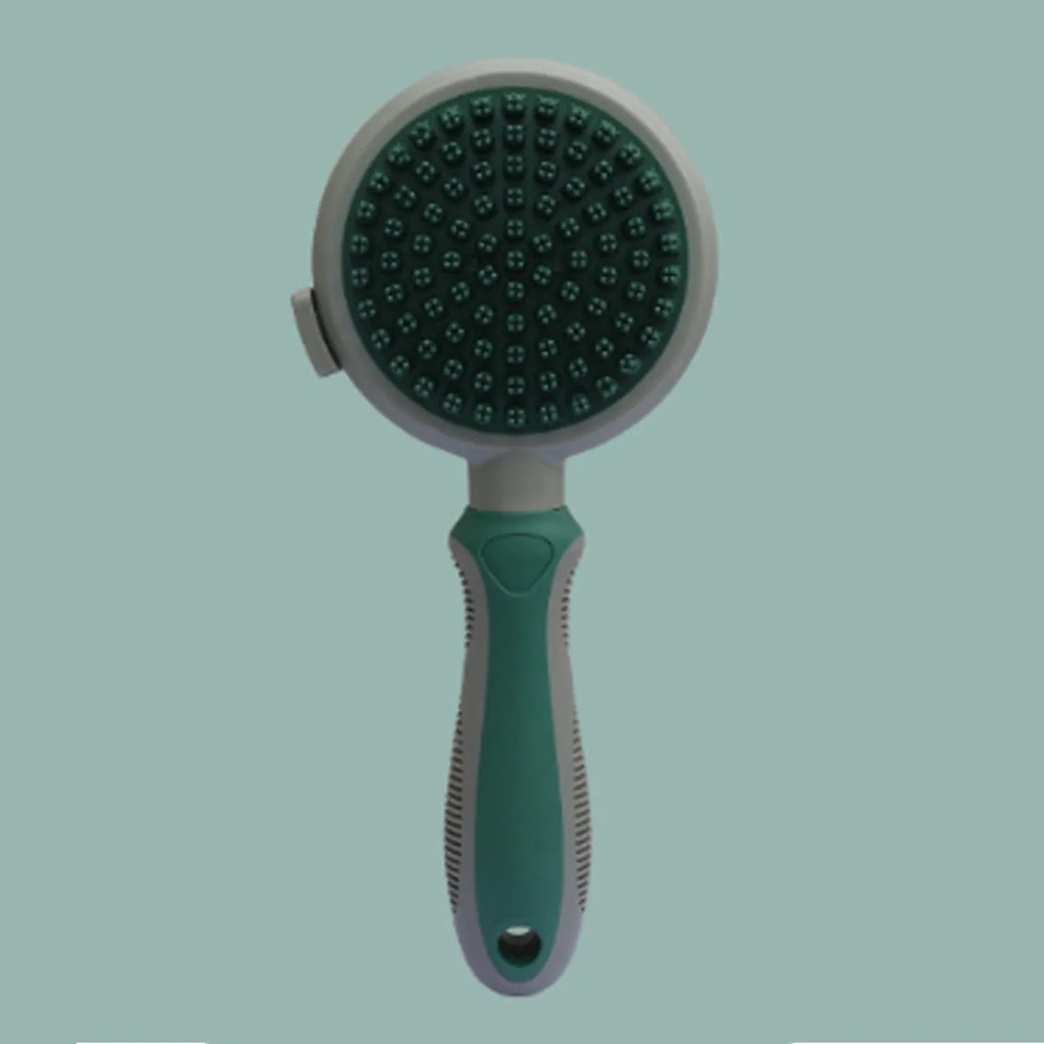 Double-sided cat brush with release button and included flea comb for pet grooming