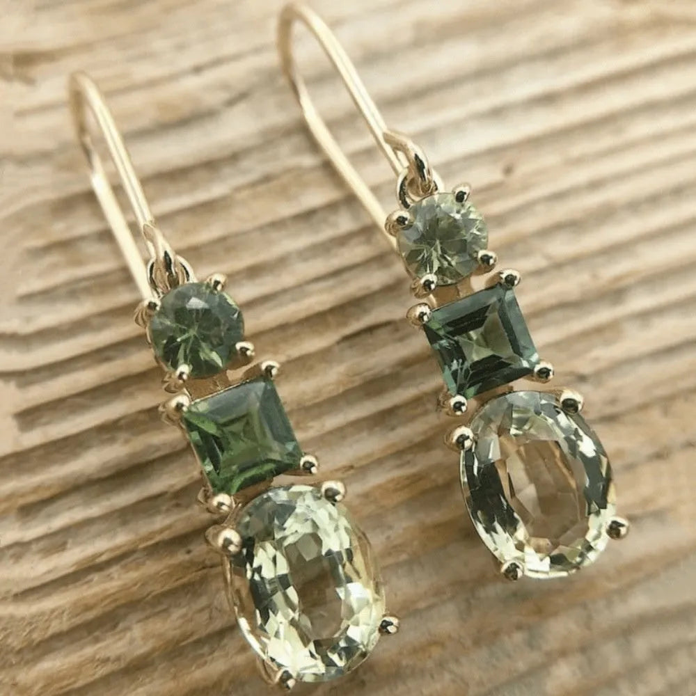 Green geometric copper drop earrings with quadrilateral design in retro Bohemian style