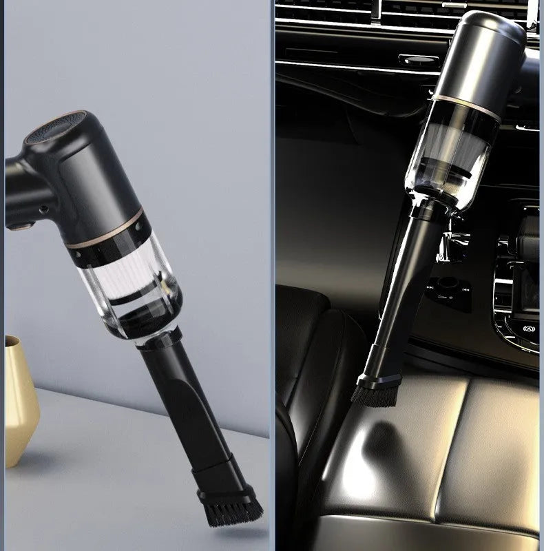 Black wireless handheld car vacuum cleaner with multiple nozzle attachments on a white background.
