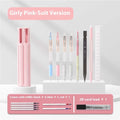 Pressing pen kit with plastic pencil case in blue, white, or pink containing six or sixteen pens