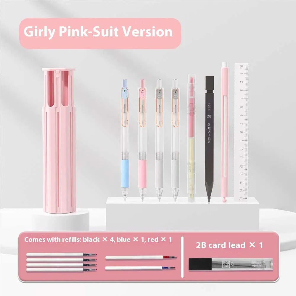 Pressing pen kit with plastic pencil case in blue, white, or pink containing six or sixteen pens