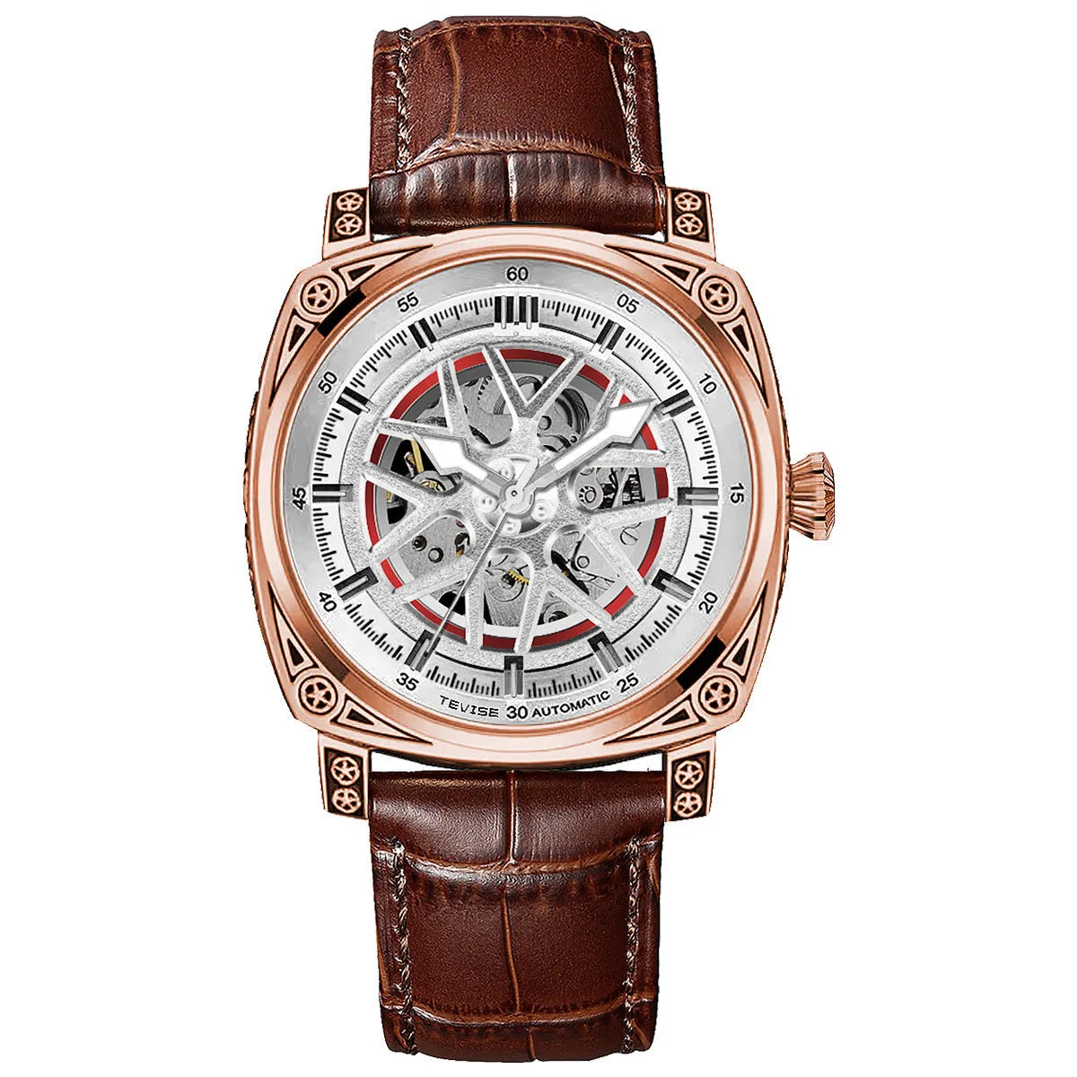Automatic mechanical men's watch with stainless steel case and leather strap in multiple colour options