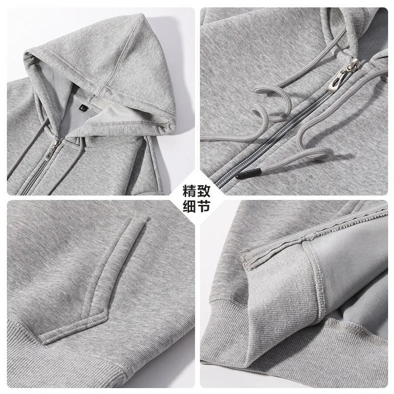 Men's heavyweight zip hooded sweater in charcoal grey showing front kangaroo pockets and adjustable hood