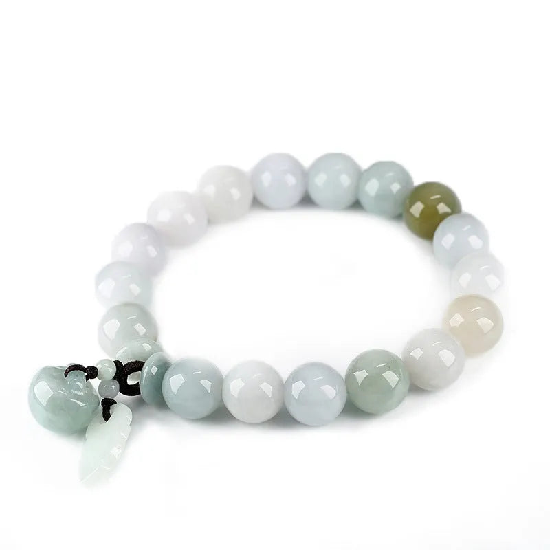 Natural jade Buddhist hanging bracelet showing geometric shape and symbolic charms