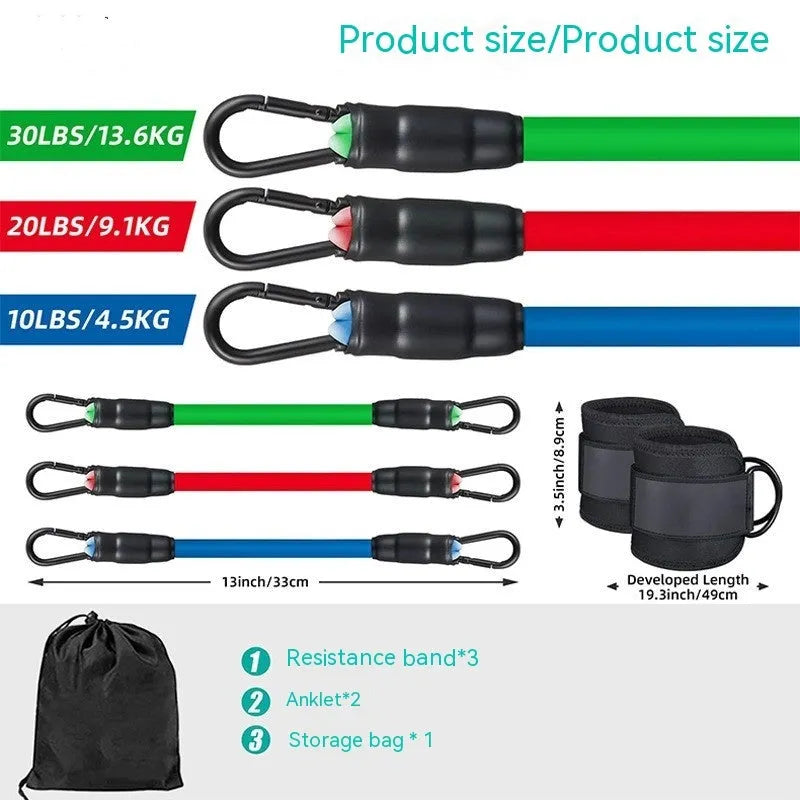 Yoga resistance band set with three tension levels, foot loops, and storage bag for hip and leg exercises