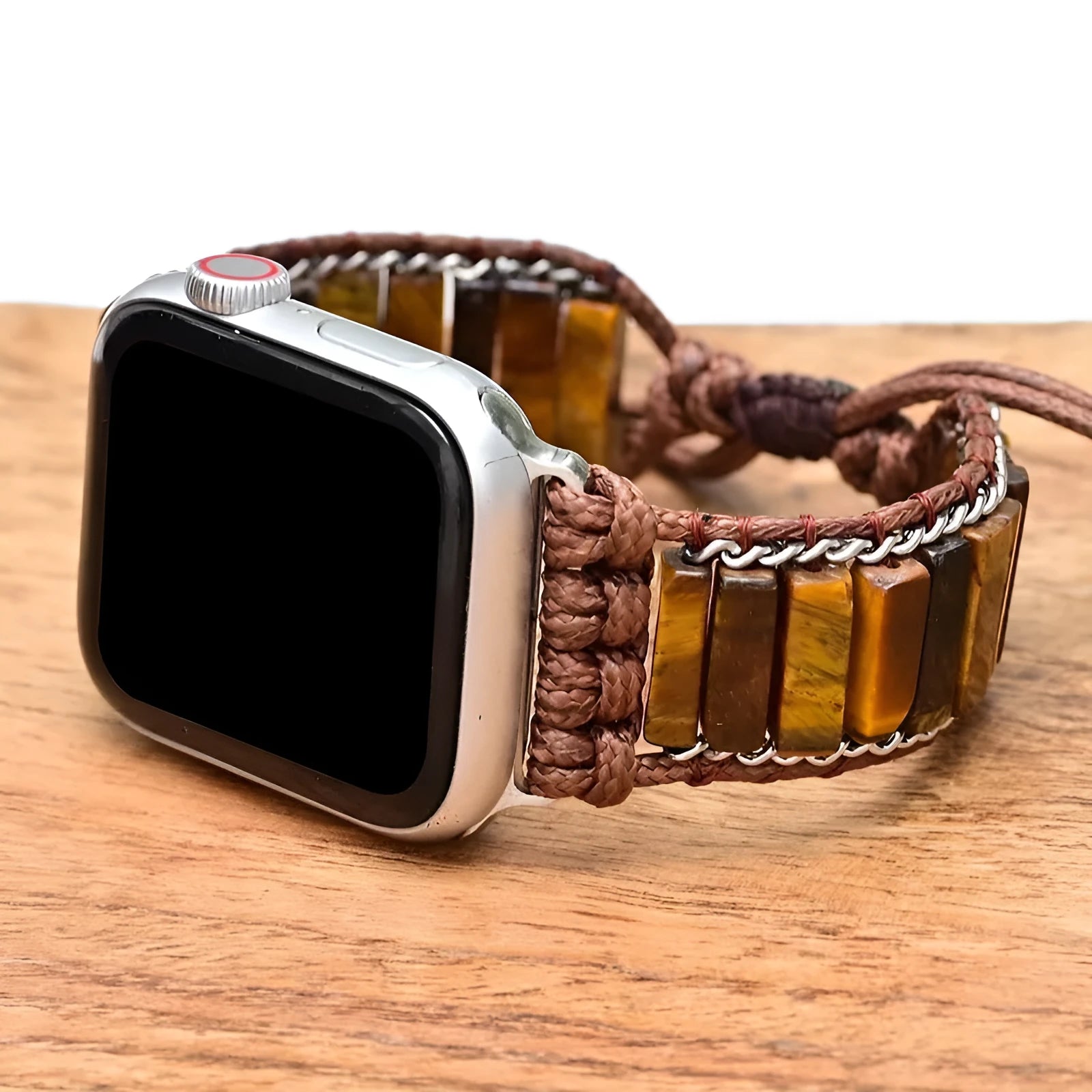 Rectangular tiger eye stone chain on an adjustable textile watch strap bracelet