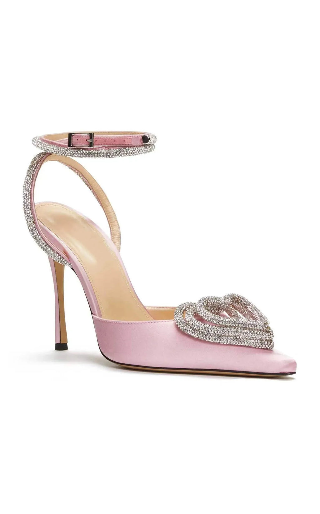 Women's heart-shaped rhinestone sandals with satin upper and pointed toe in pink, black and white colour options