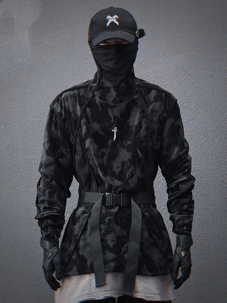 Men's black and grey tie dye printed turtleneck pullover sweater with long sleeves and loose fit.