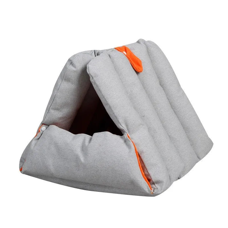 Triangular blue cat nest bed with removable cotton cover measuring 45x38x38cm