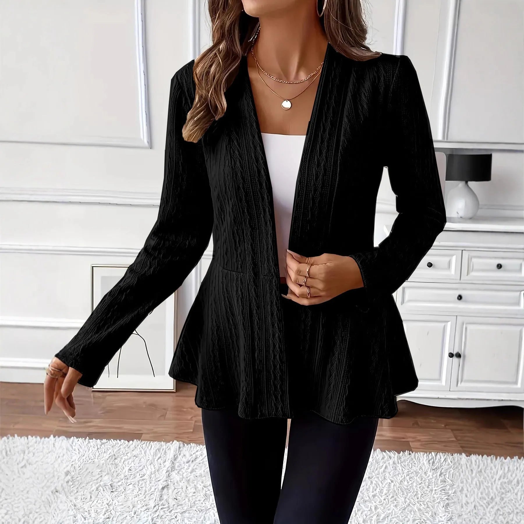 Women's fitted knitted cardigan in apricot colour with one-button fastening and jacquard pattern