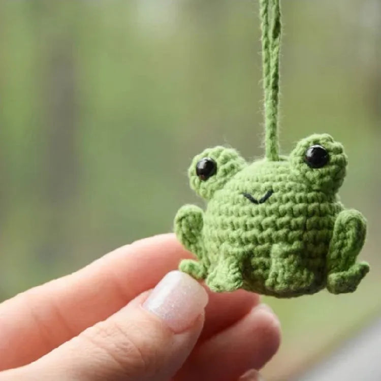 Handmade woven frog car pendant in green, orange, or grass green plush material