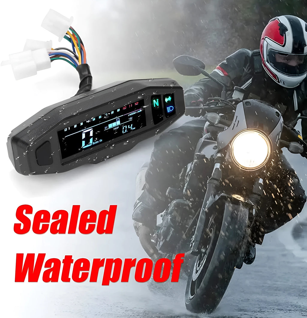 Black motorcycle mini speedometer with LCD display showing speed, mileage, revs, and fuel gauge.