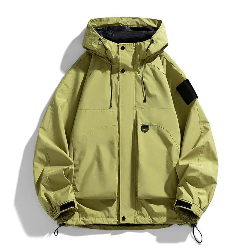 Men's windproof waterproof hooded jacket in black, ginger yellow, or purple colours