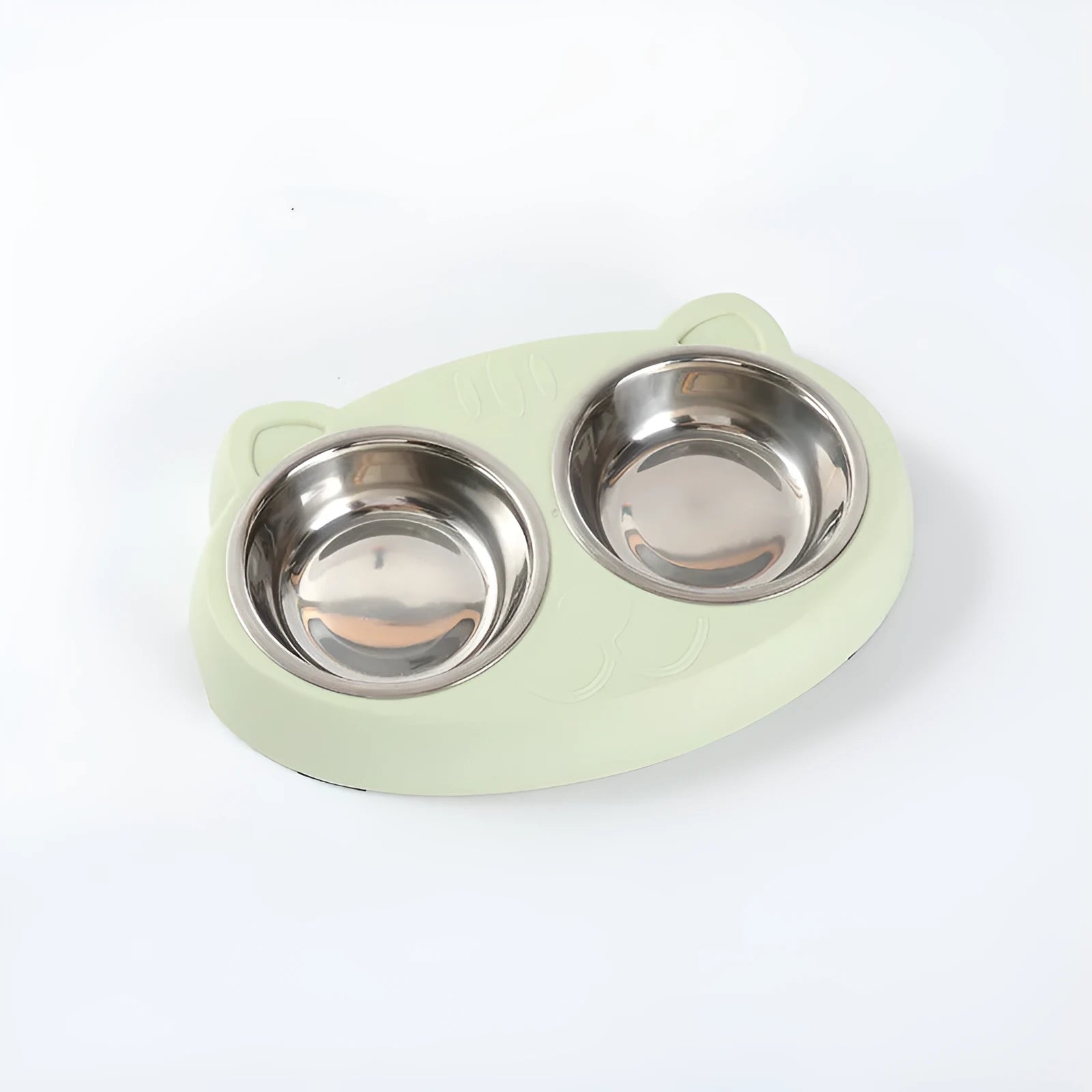 Blue macaron-shaped plastic pet feeder tray with two bowls for cat or dog food and water