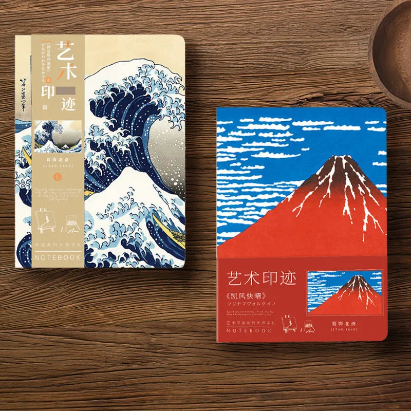 Ukiyo-e art hand ledger notebook showing Kanagawa surfing village retro cover design