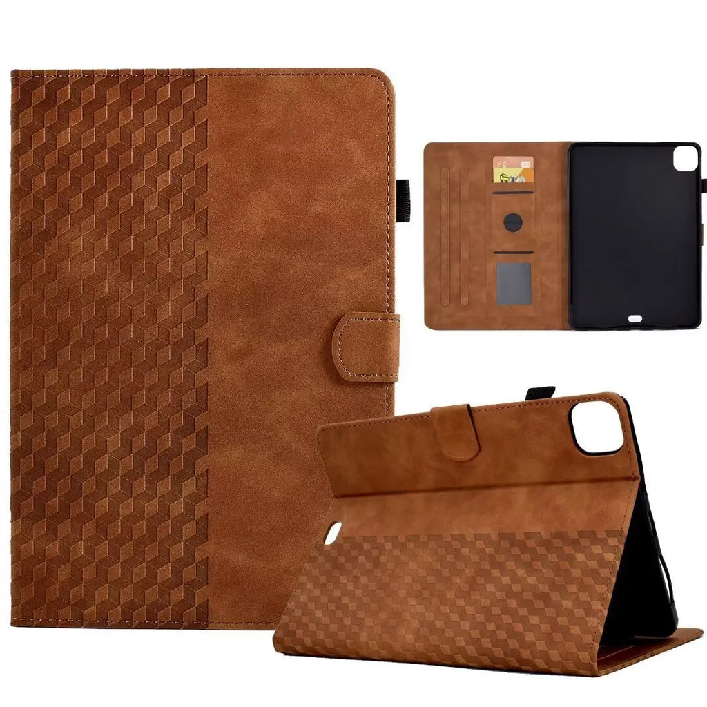 iPad Pro 11 leather case with card holder in diamond embossed green pattern, showing stand function.