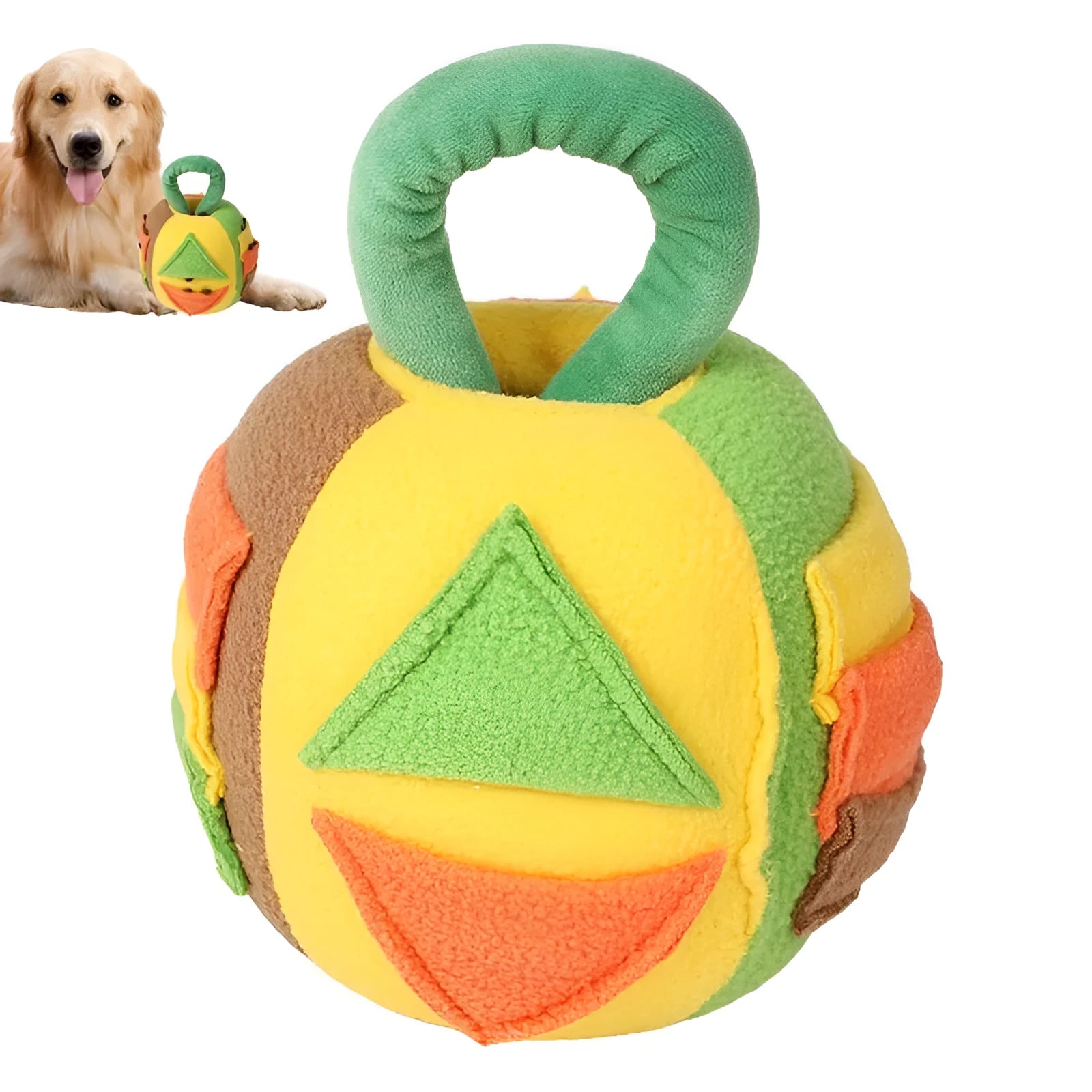 Green and pink dog plush ball toy with treat pockets and squeaker for small medium breeds