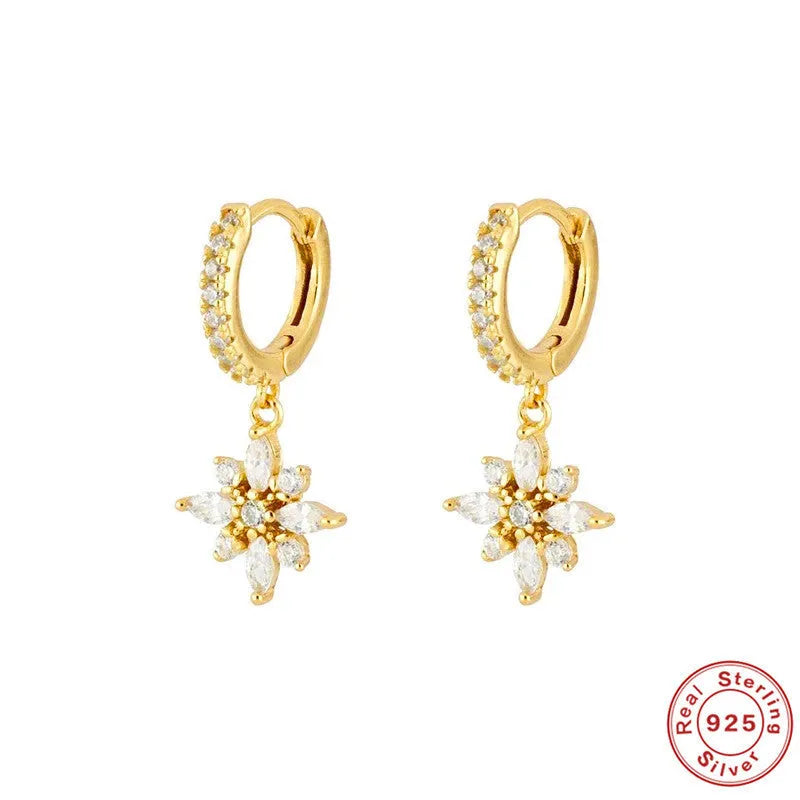 S925 sterling silver snowflake pendant earrings in white gold or yellow gold colour finish.