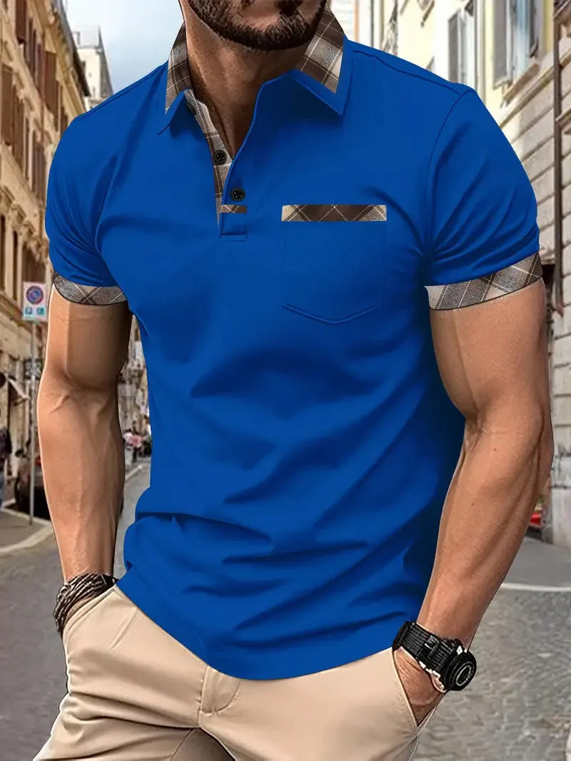 Men's plaid colourblock T-shirt with short sleeves and zipper decorations on front