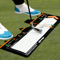 Black neoprene golf swing stance correction pad with positioning markings for alignment practice