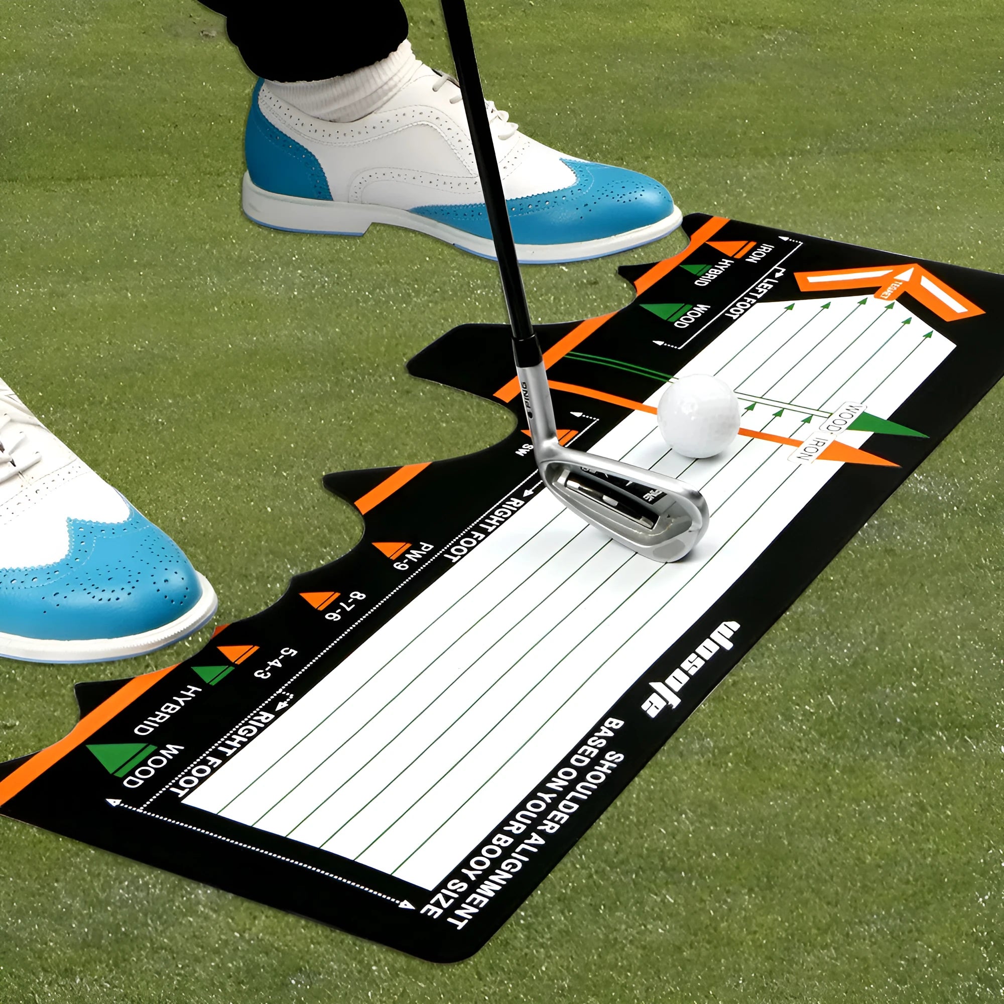 Black neoprene golf swing stance correction pad with positioning markings for alignment practice