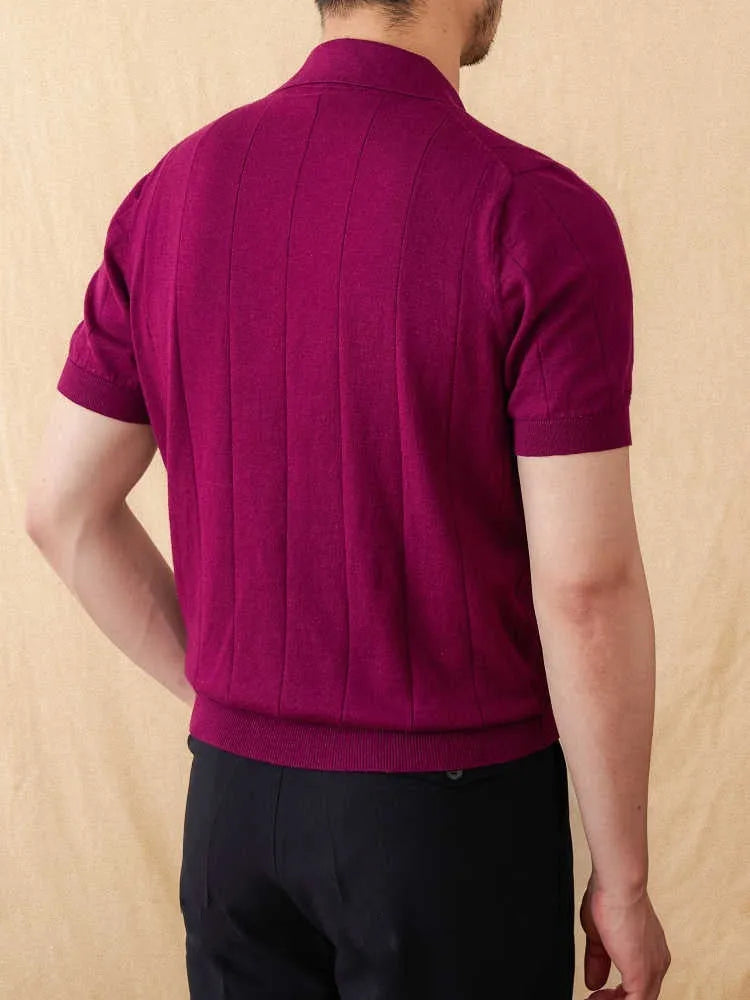 Purple cotton linen short sleeve polo shirt with sunken stripe knitted design and seagull collar