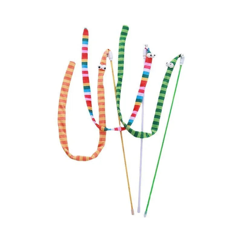 Colourful cat teaser wand with long plush strip and bell on a polycarbonate handle.