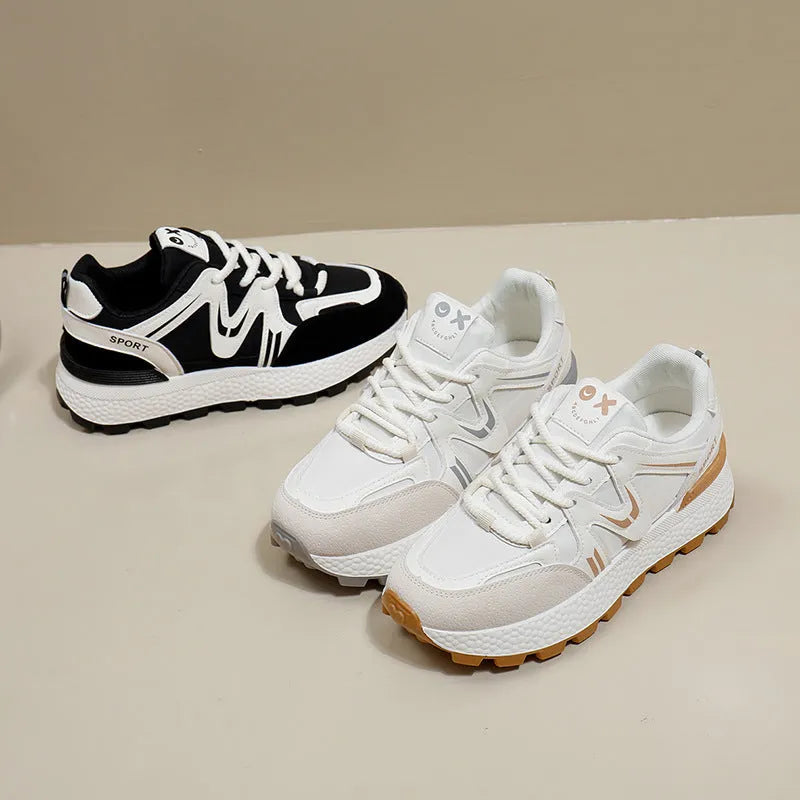 Women's black platform sports casual shoes with round toe and front lace-up design