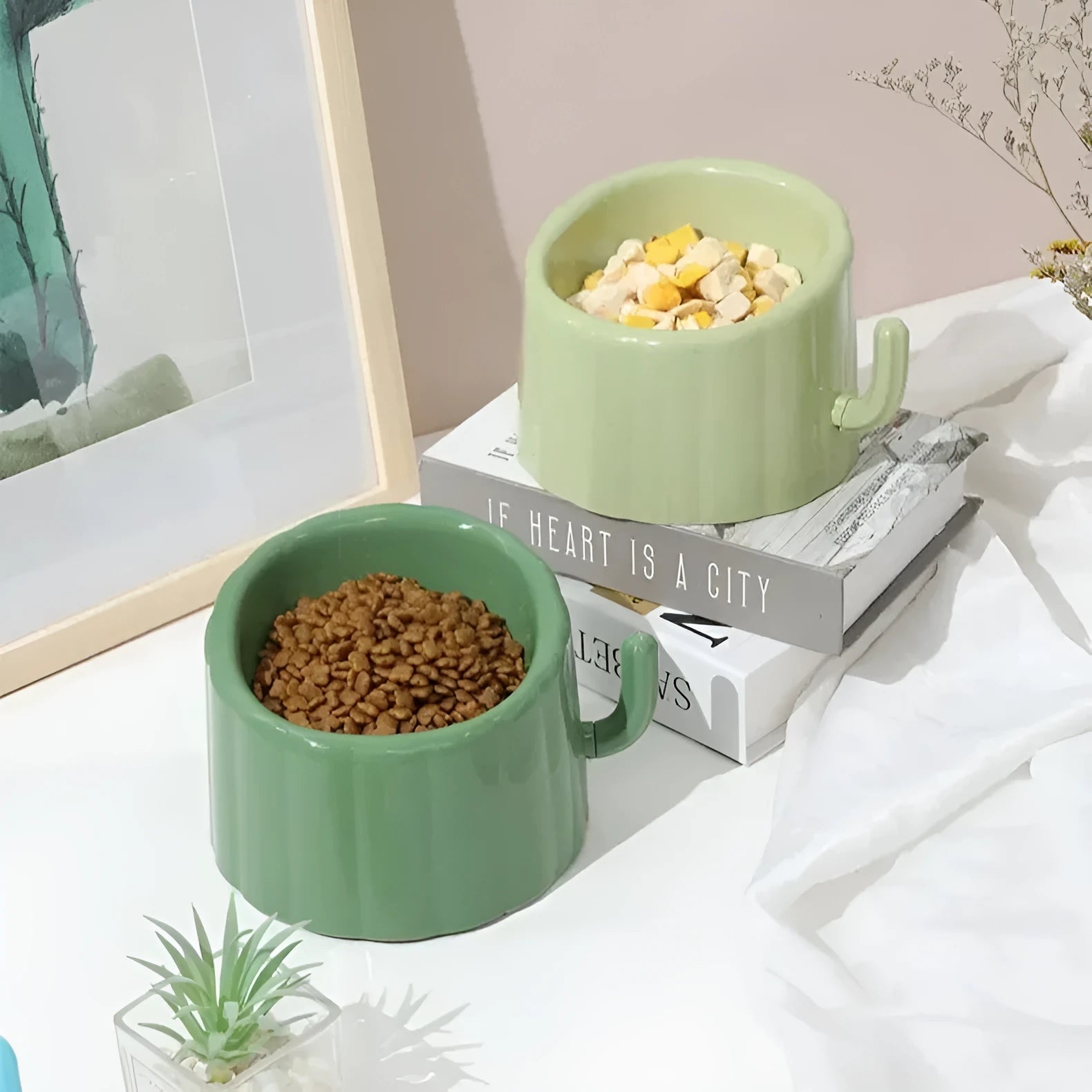 Solid colour raised cat bowl with cactus design, anti-slip base, and large mouth opening in dark green
