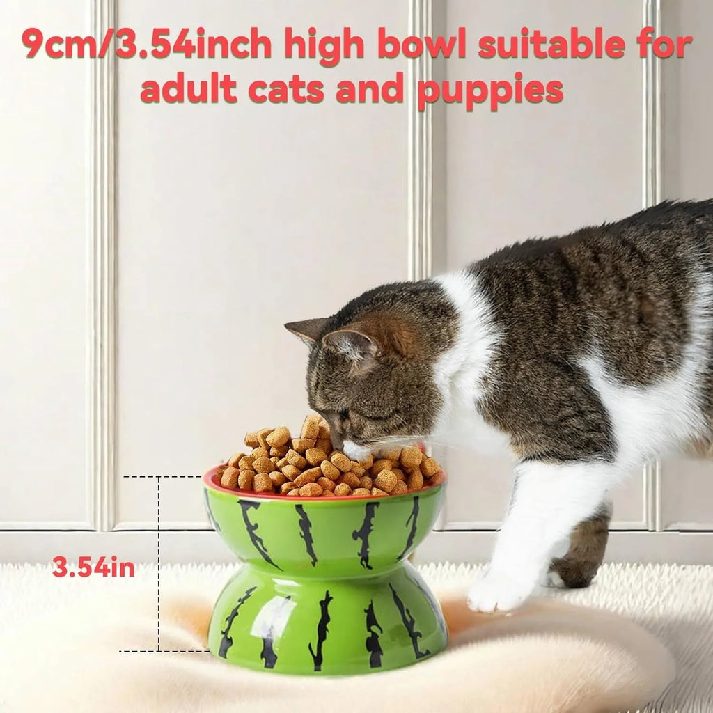 Ceramic raised cat bowl with tilted design in orange pattern, showing elevated feeding position