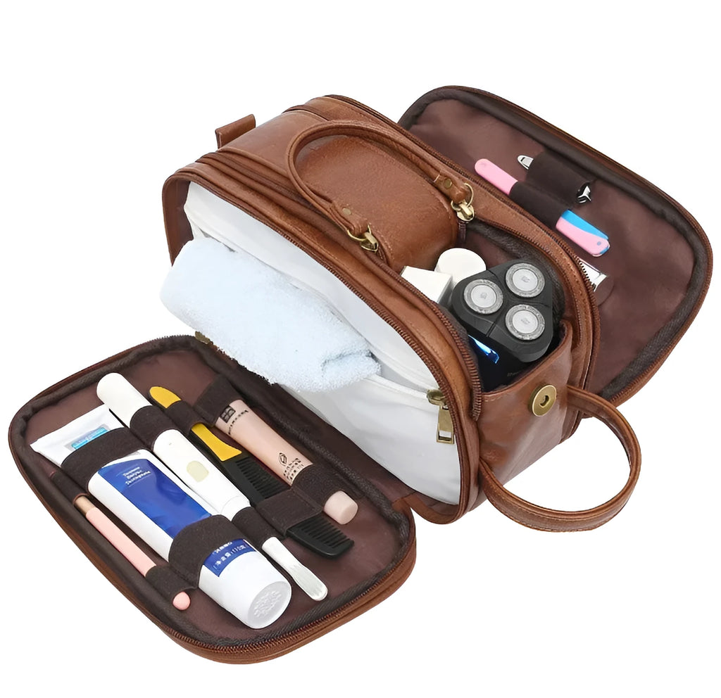 Men's black and brown water-resistant PU toiletry travel bag with zipper closure