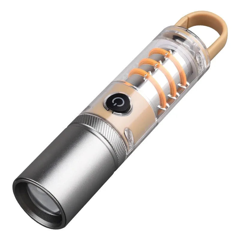 Orange and beige 10W dual light source flashlight with hook and optical zoom feature