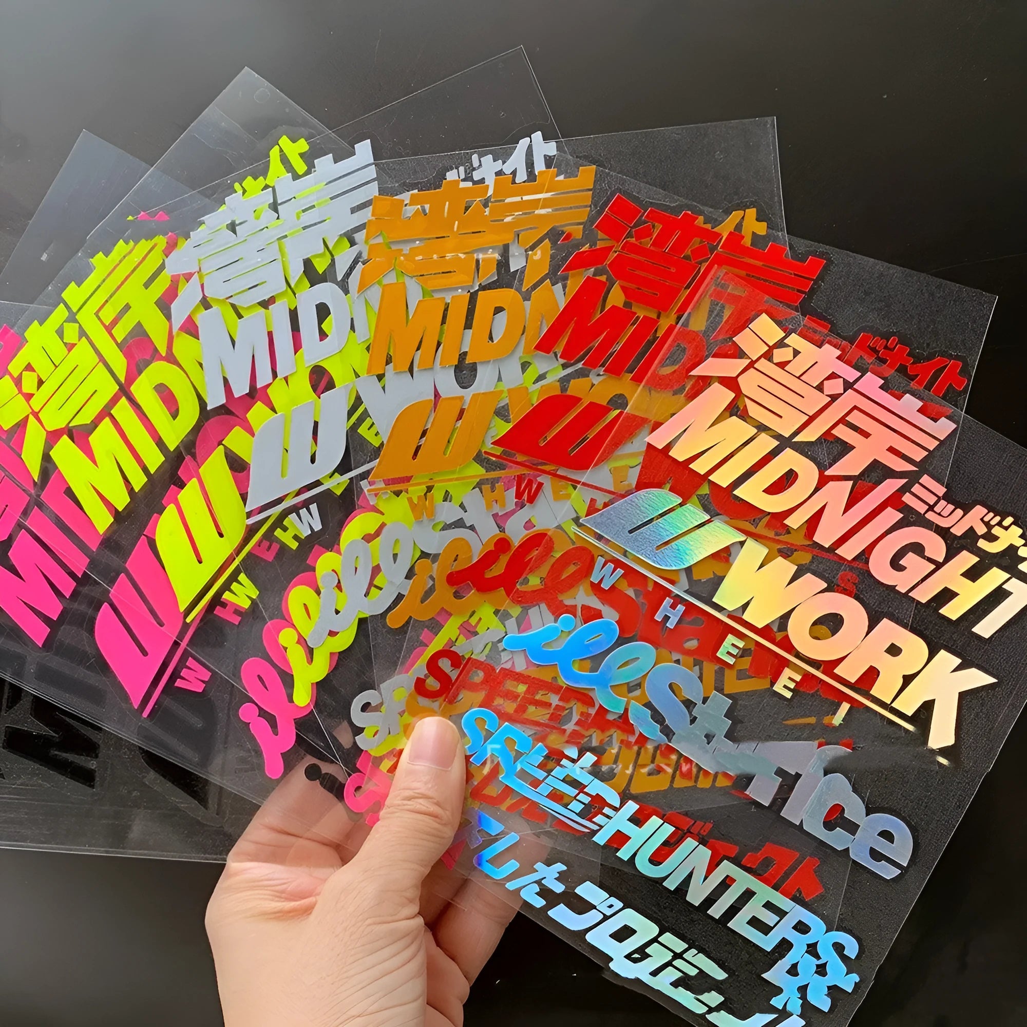 Motorcycle reflective bumper sticker measuring 16cm by 11cm in various colour options including fluorescent and reflective finishes.