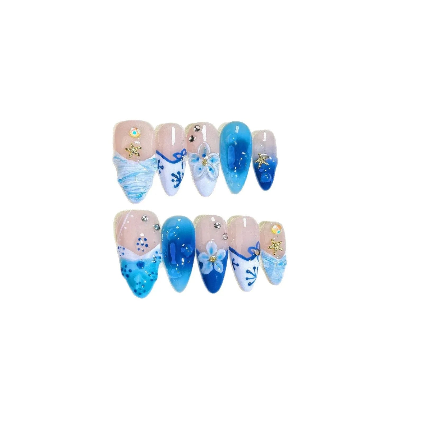 Blue hand-painted carved false nails on transparent summer base with XS, S, M, L size options