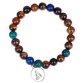 Handmade tiger eye stone bead necklace with tassel pendant and matching bracelet on a neutral background