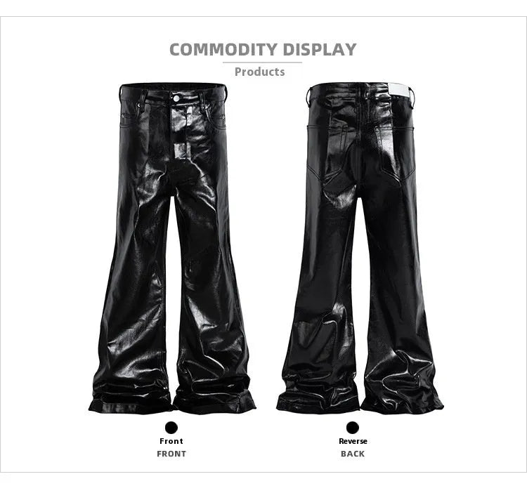 Black shiny patent leather skinny jeans with straight leg cut and mid waist design