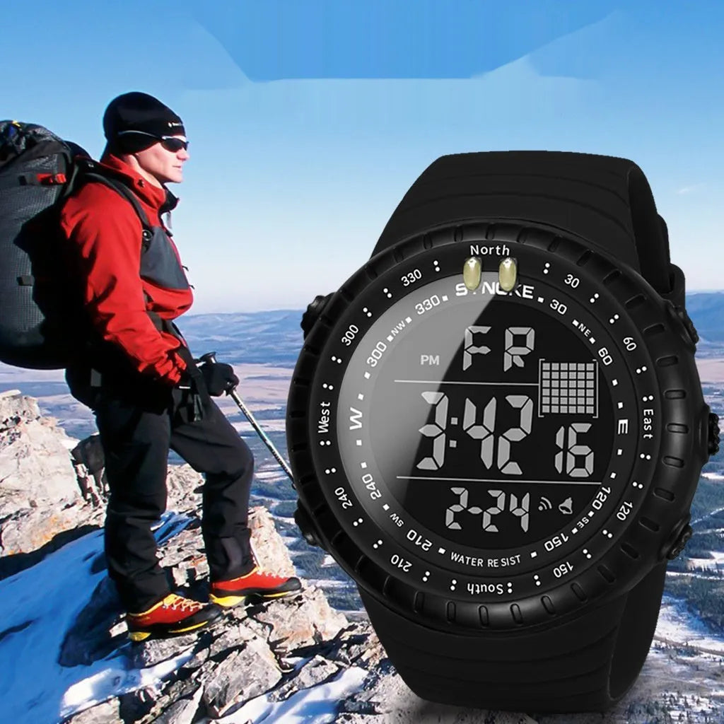 Black men's waterproof digital watch with large 54.74mm dial and WR50M water resistance rating