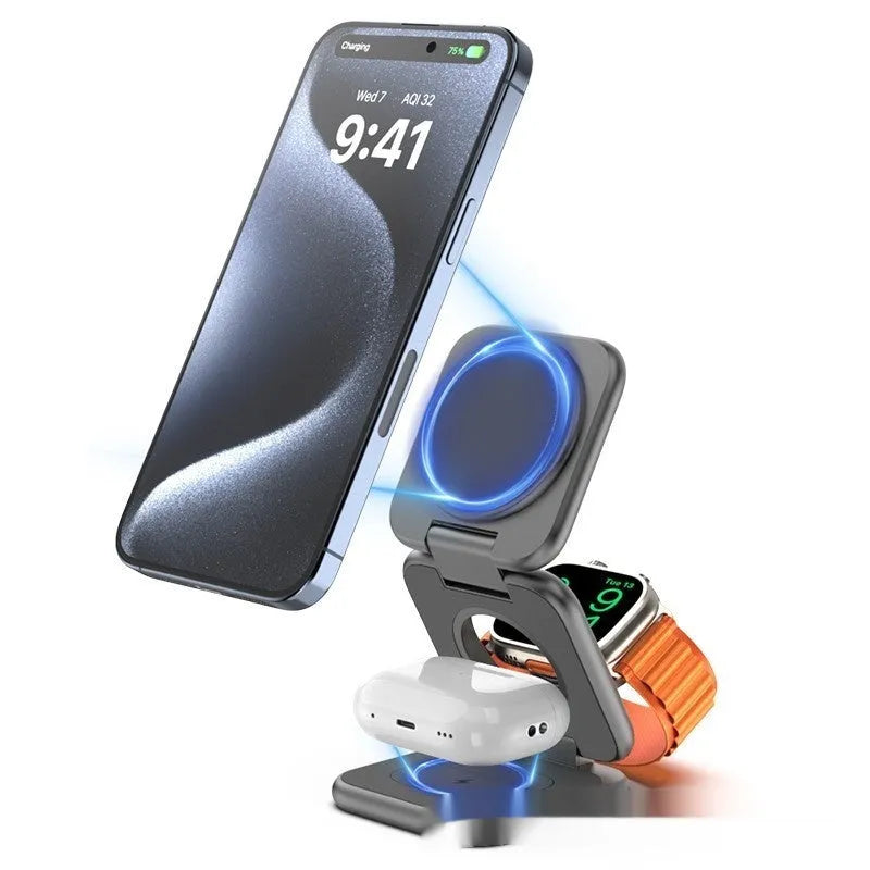 Foldable magnetic wireless charger phone holder in black or white with QC3.0 fast charging