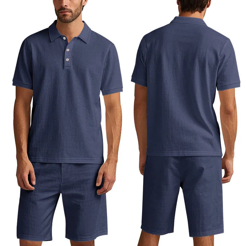 Men's light beige linen blend short sleeve top and shorts set on a hanger, summer casual outfit.