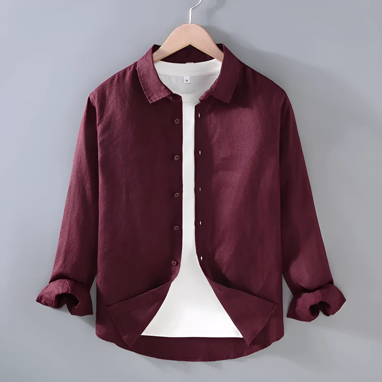 Men's pure linen long sleeve shirt in cardigan style, shown in a solid colour.