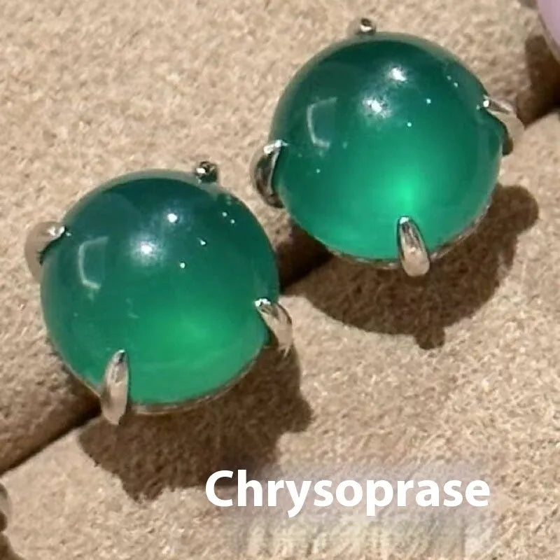 Chinese style chalcedony stud earrings with four-claw copper settings in three colour options