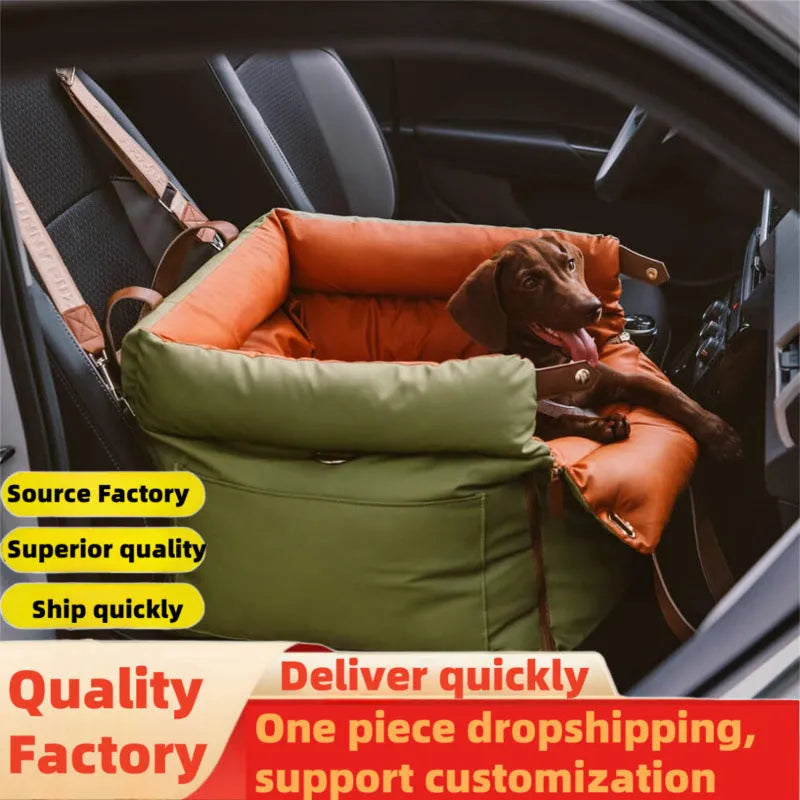 Green waterproof dog car nest with removable cover, shown on a car seat, dimensions 55cm by 50cm.