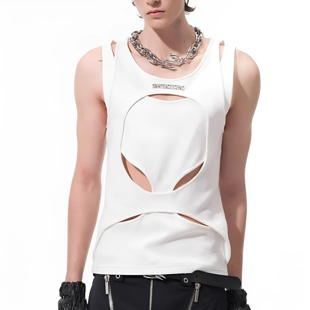 Man's loose fit sleeveless waistcoat in white hollow thread fabric, showing round neck and pullover design.