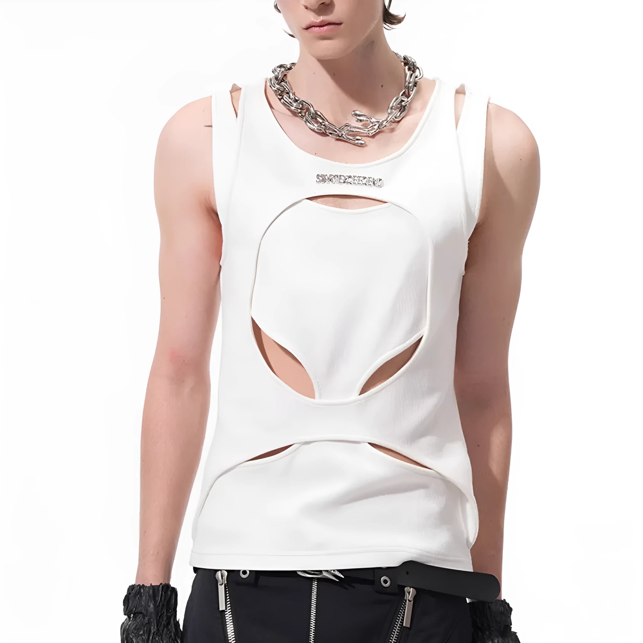 Man's loose fit sleeveless waistcoat in white hollow thread fabric, showing round neck and pullover design.