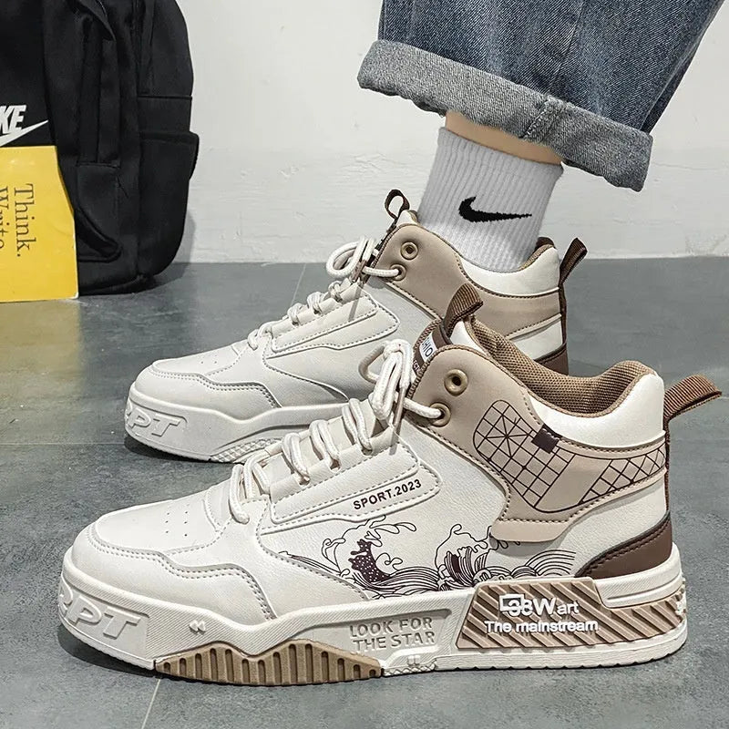 Men's beige, white and blue high-top lace-up board sneakers with a flat rubber sole.