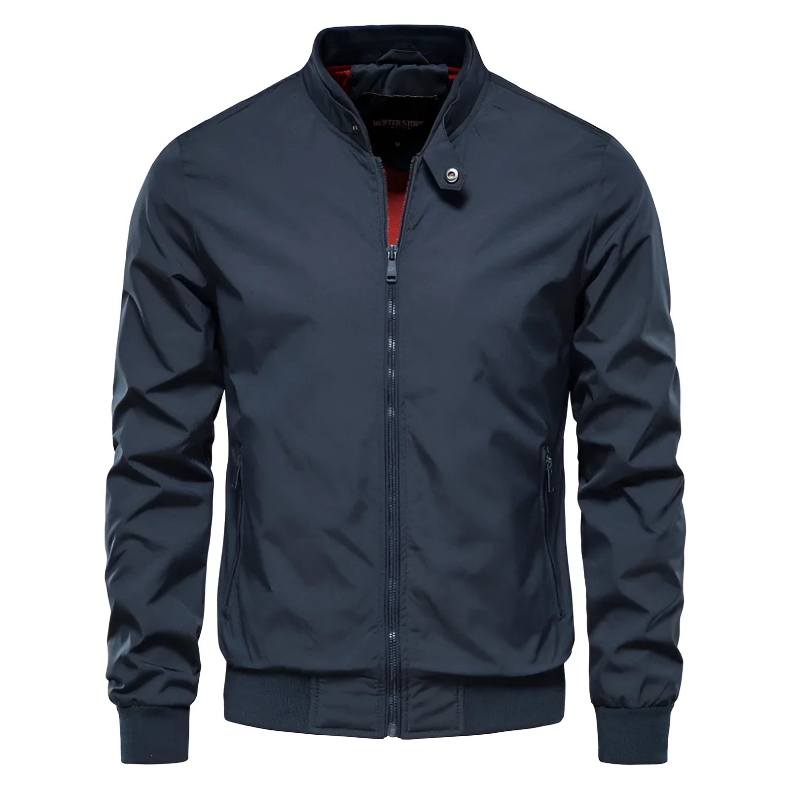 Men's solid colour thin casual jacket in polyester, shown in dark blue, black, and army green.