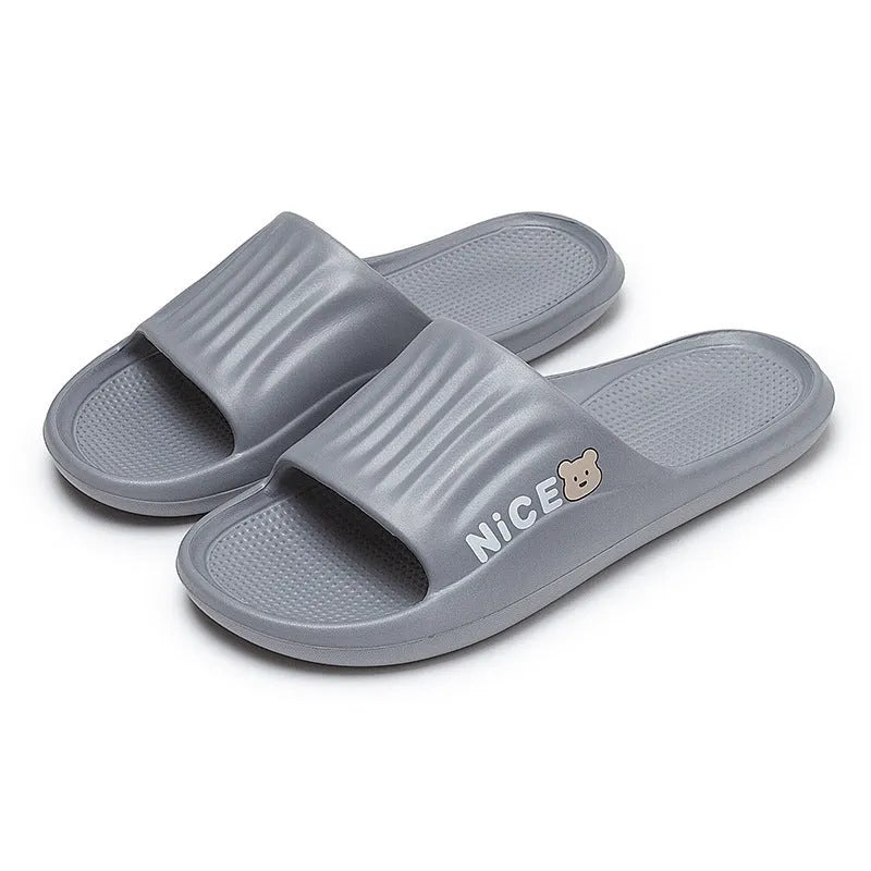 Minimalist cartoon pattern EVA flip flop slippers for household wear, shown in multiple colours.