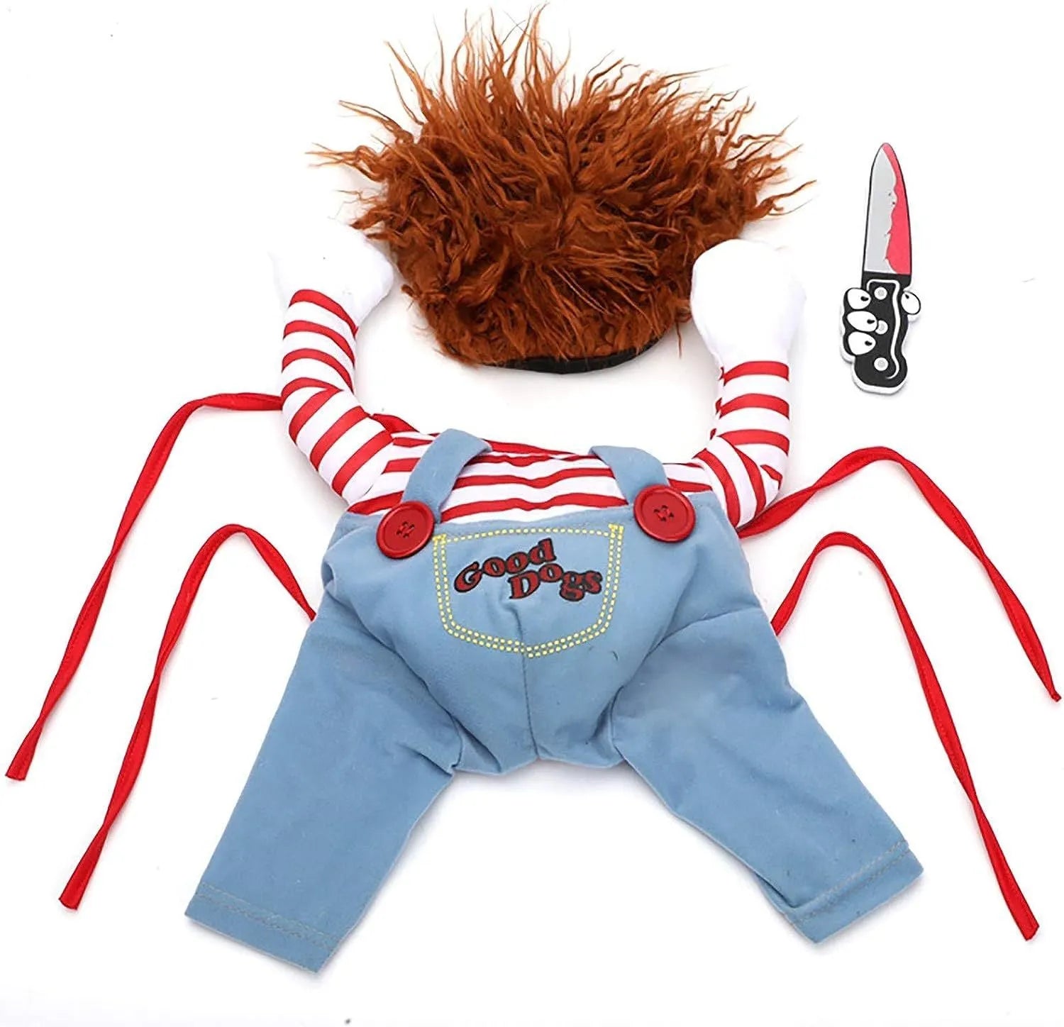Striped Halloween harness pants costume for dogs and cats with knife accessory, showing sizing chart
